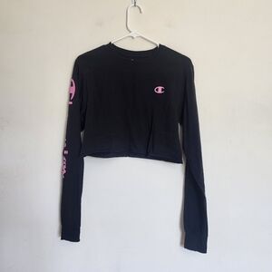 Champion Womens Cropped Long Sleeve Top Pink Logo Size Small